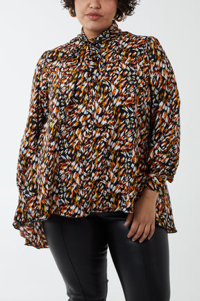 Curve Abstract Animal Print Pussybow Blouse