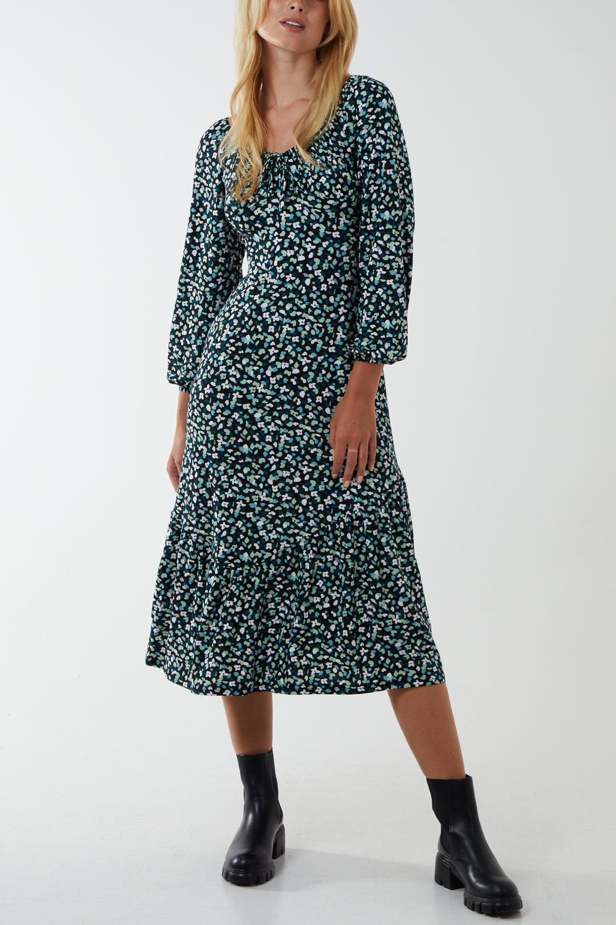 Tie Front Floral Sweetheart Midi Stretch Dress