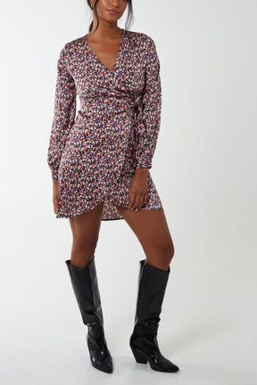 Abstract Print Long Sleeve Wrap Mini Dress