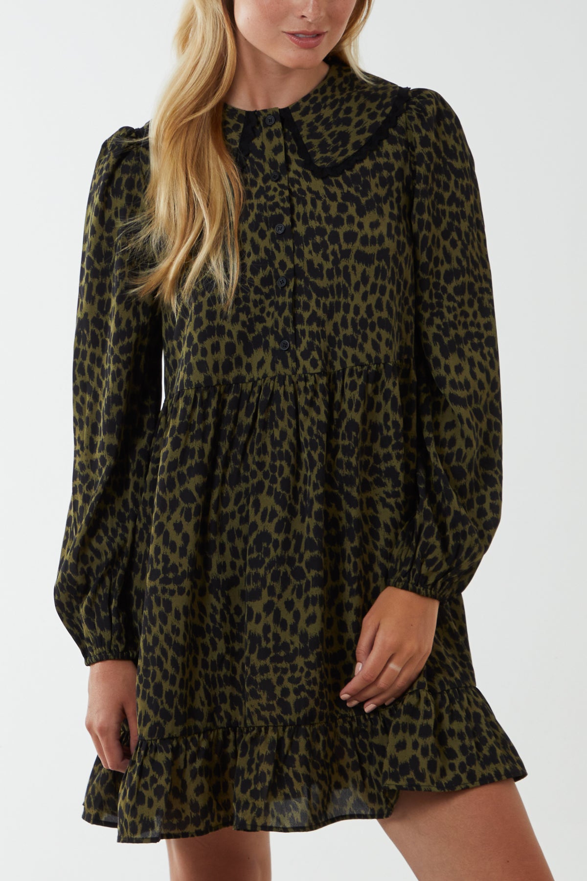 Leopard Lace Trim Peter Pan Collar Smock Shirt Dress
