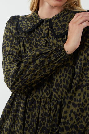 Leopard Lace Trim Peter Pan Collar Smock Shirt Dress