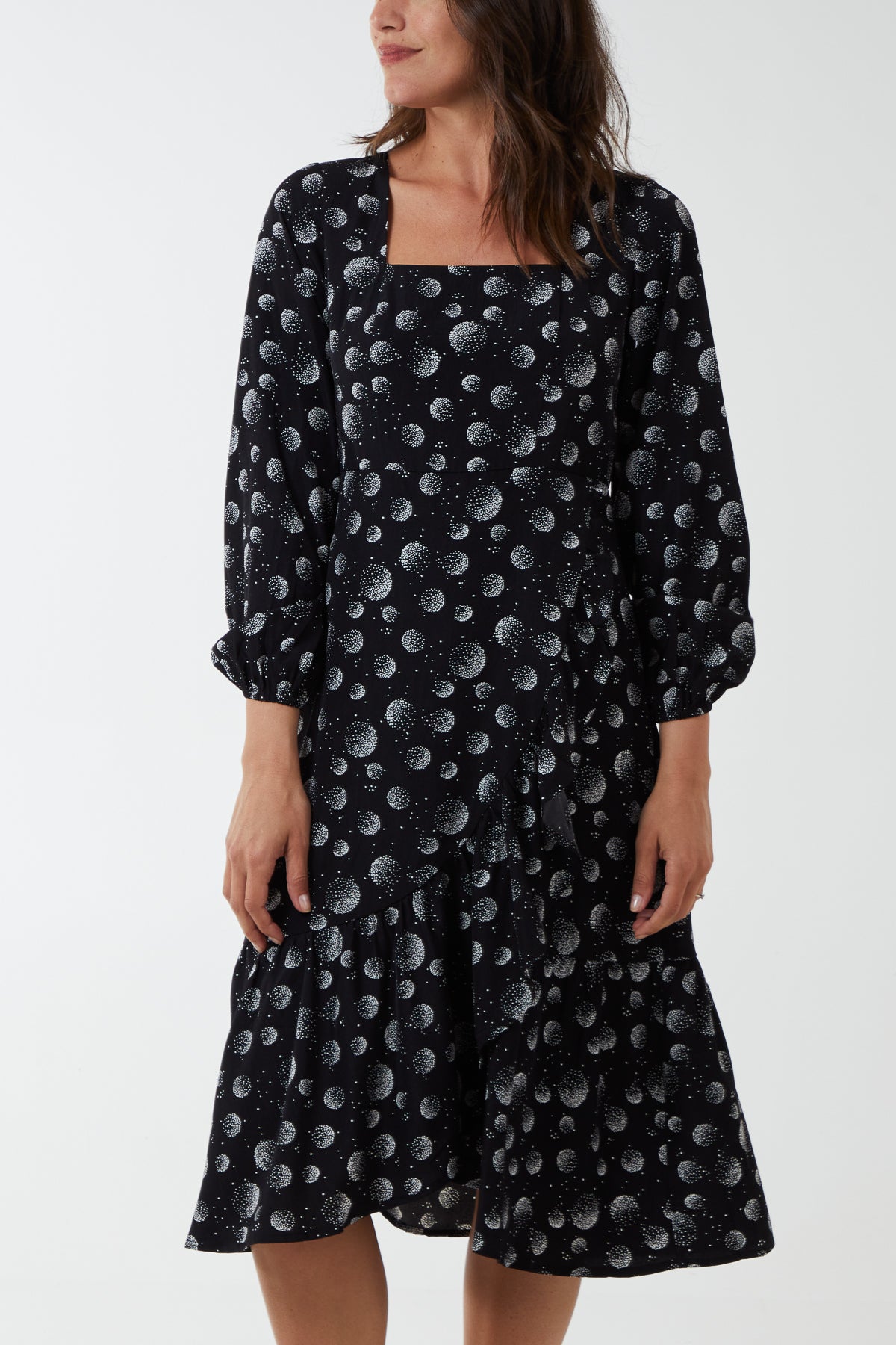 Circular Print Square Neck Ruffle Wrap Midi Dress