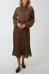 Leopard Print High Neck Blouson Pleated Midi Dress