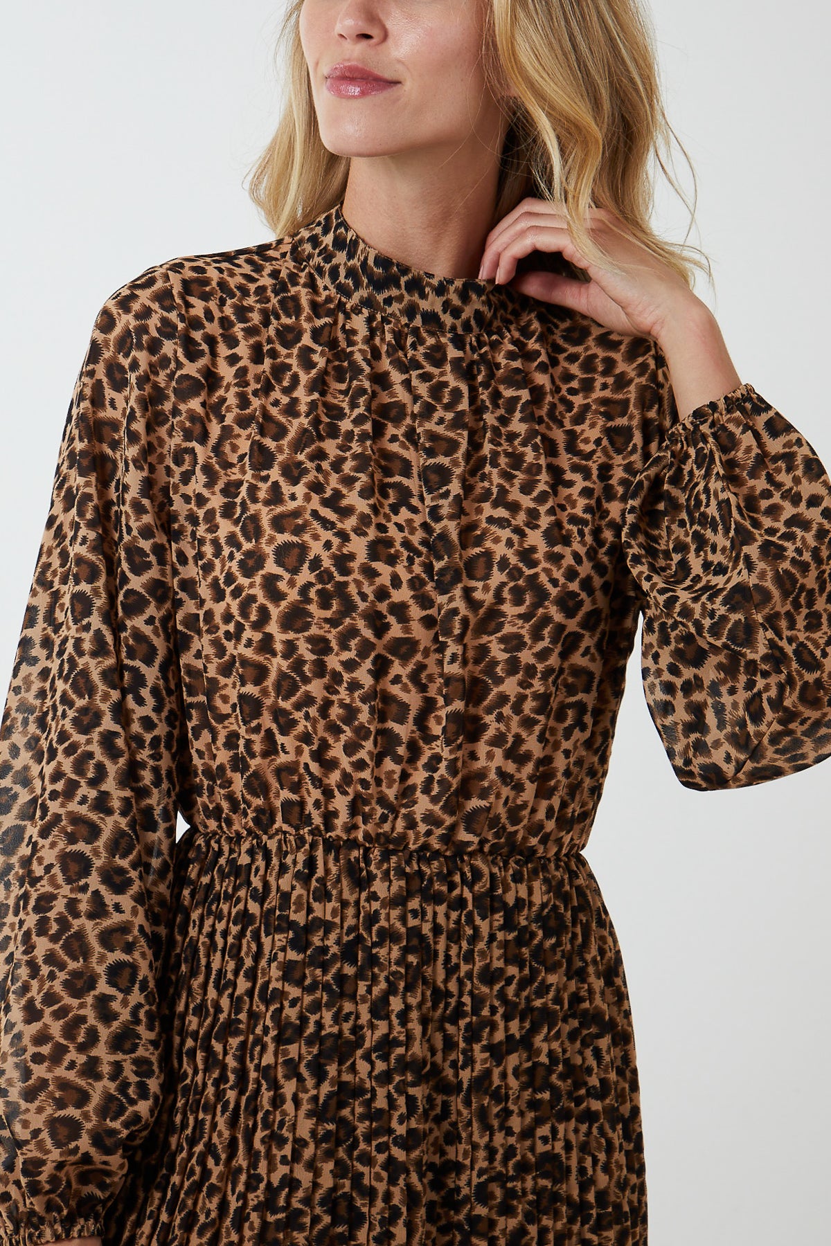 Leopard Print High Neck Blouson Pleated Midi Dress