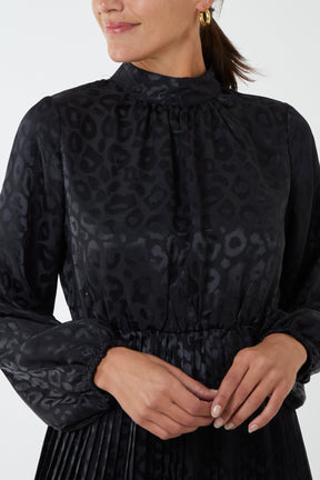 High Neck Leopard Print Blouson Midi Dress