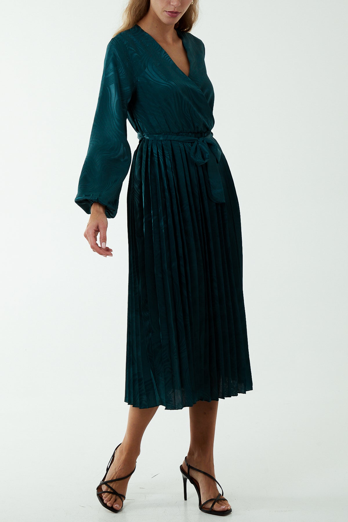 Jacquard Wrap Front Belted Midi Dress
