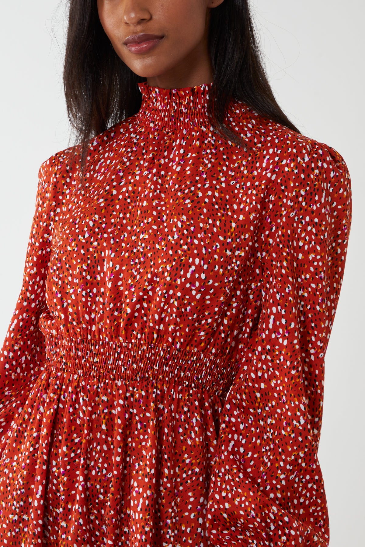 Shirred Abstract Dot Midi Dress
