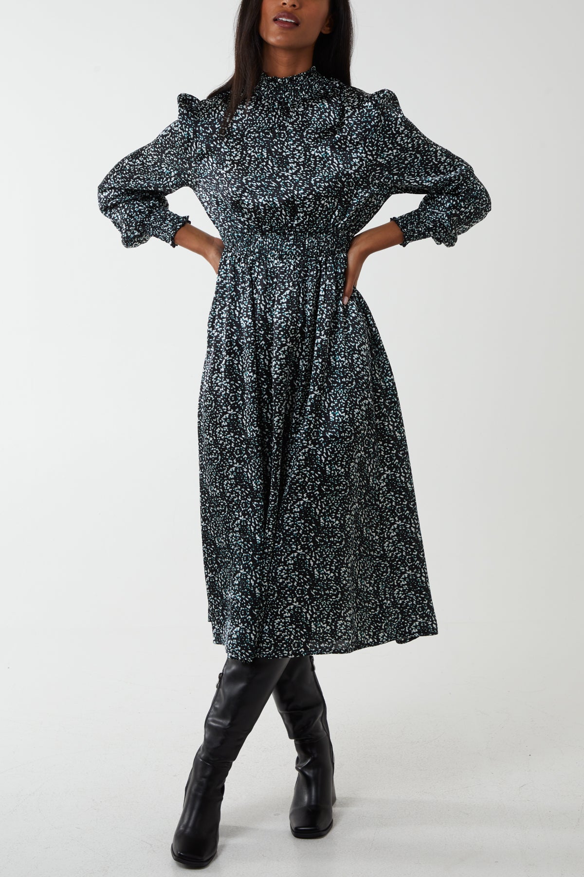 Unique Print Balloon Sleeve Belt Shirt Midi Dress