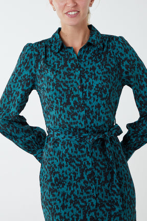 Abstract Animal Print Midi Shirt Dress - Main Image