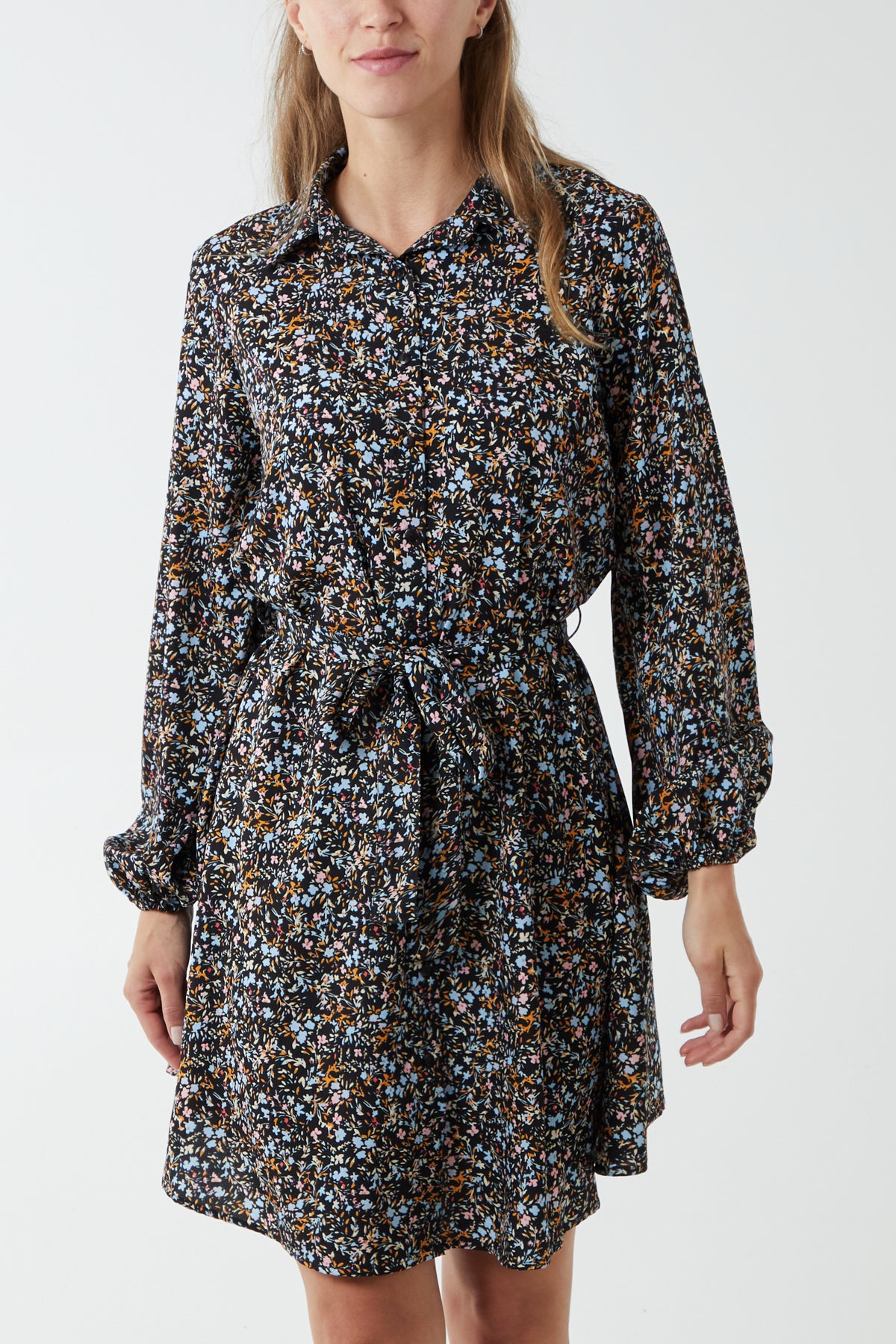 Multi Floral Print Mini Shirt Dress