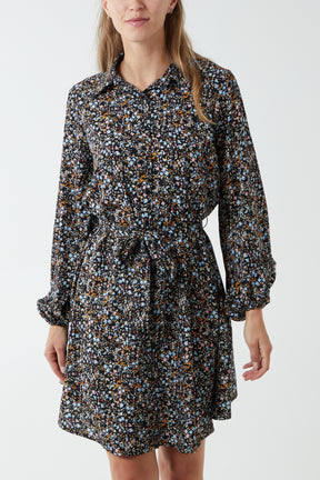 Multi Floral Print Mini Shirt Dress