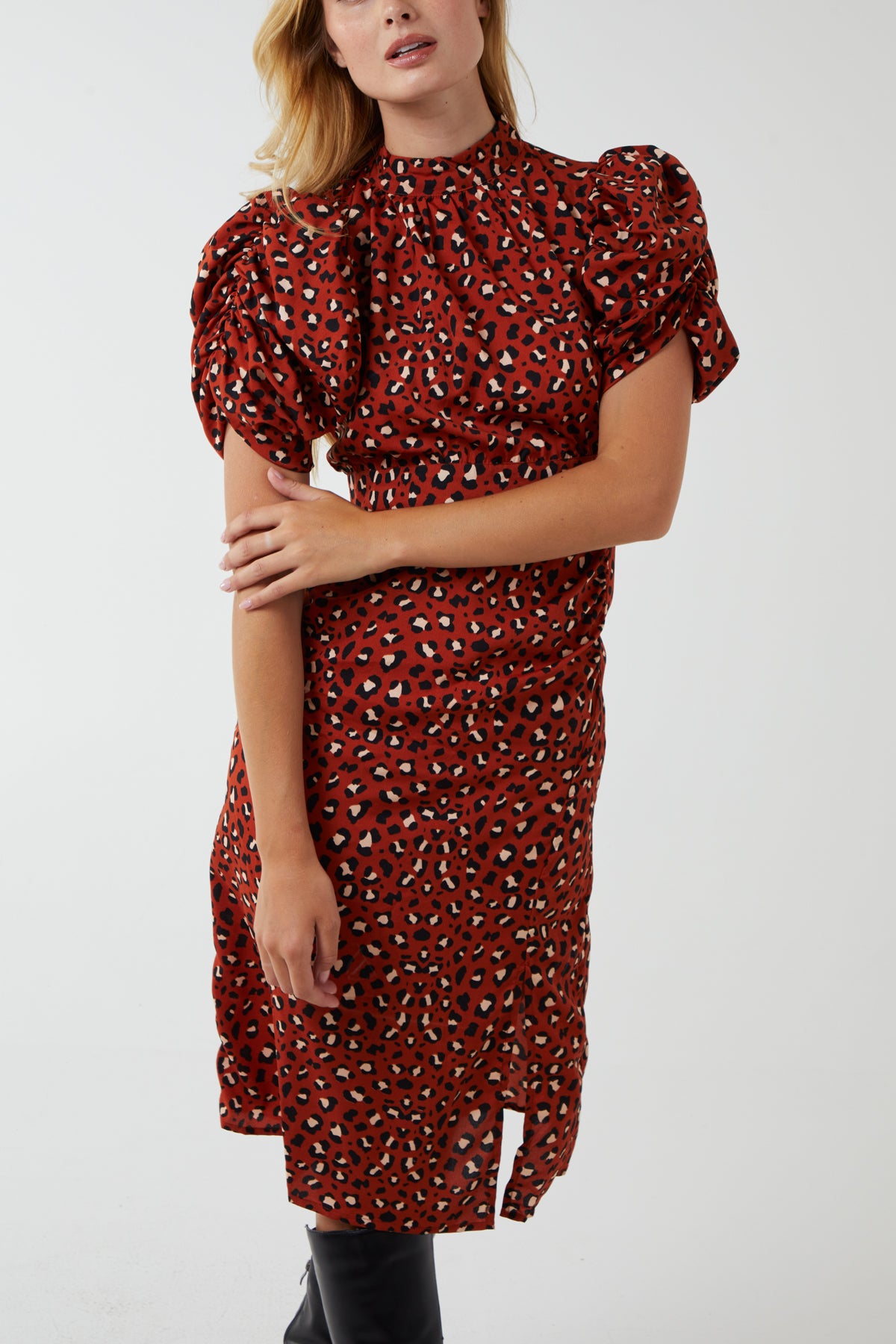 Leopard Print Puff Sleeve Ruched Midi Dress