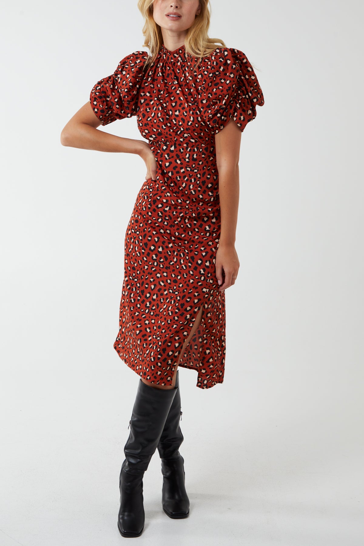 Leopard Print Puff Sleeve Ruched Midi Dress