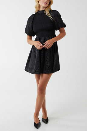 Puff Sleeve Shirred High Neck Mini Dress