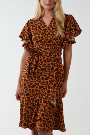 Leopard Print Ruffle Wrap Midi Dress