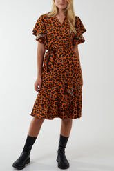 Leopard Print Ruffle Wrap Midi Dress