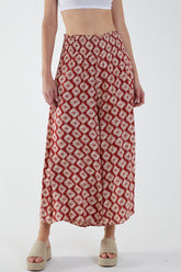 Abstract Print Shirred Wide Leg Trousers