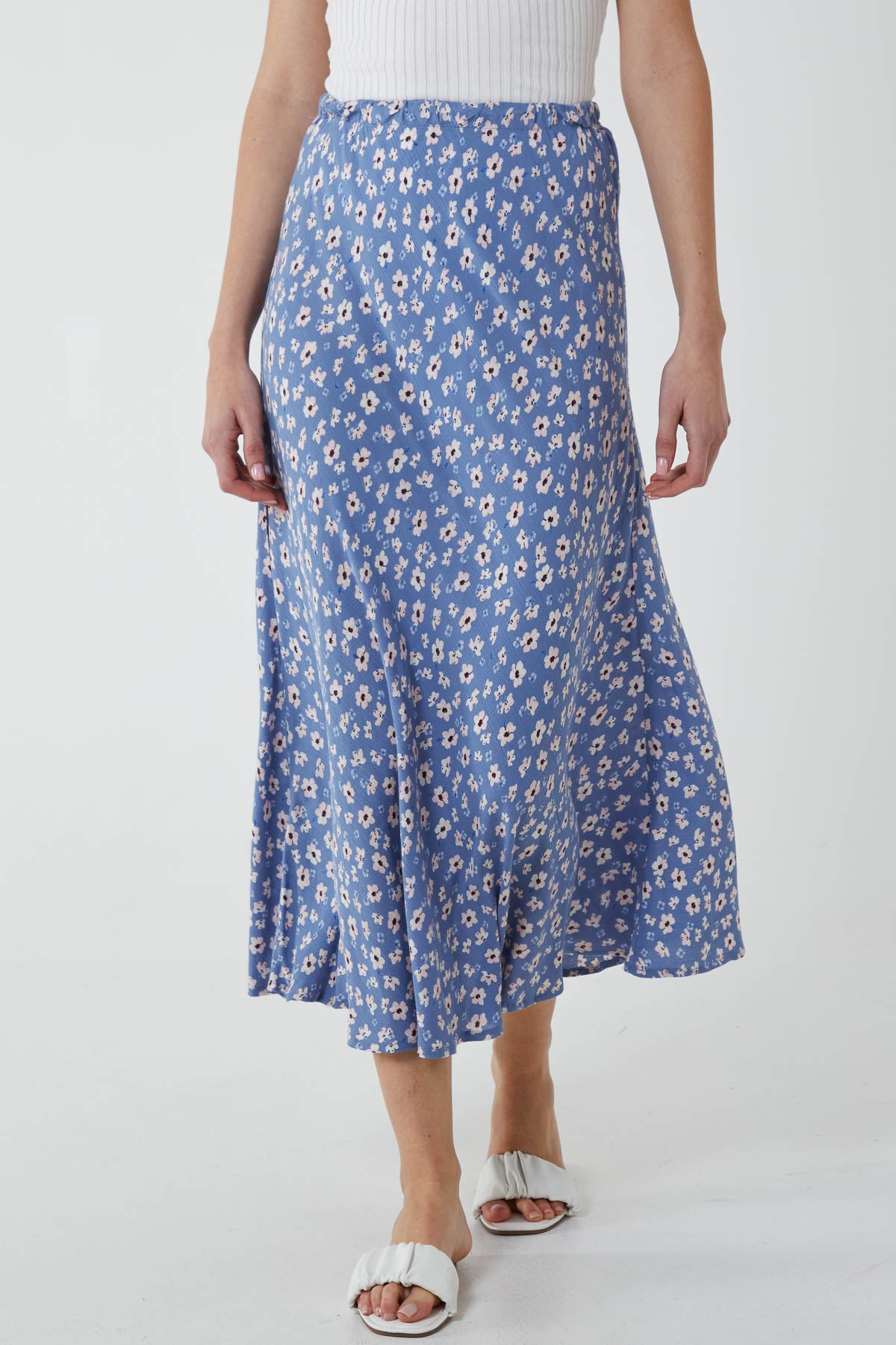 Bias Cut Floral Print Midi Skirt