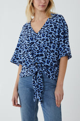Blue Leopard Print V-Neck Tie Front Blouse