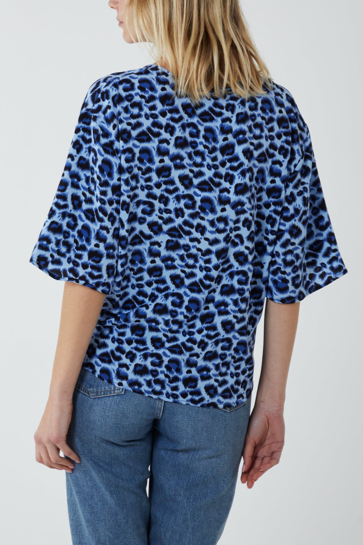 Blue Leopard Print V-Neck Tie Front Blouse