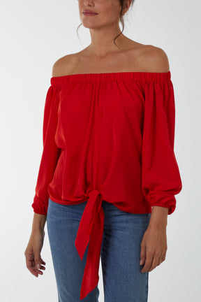 Off Shoulder Balloon Sleeve Knot Top