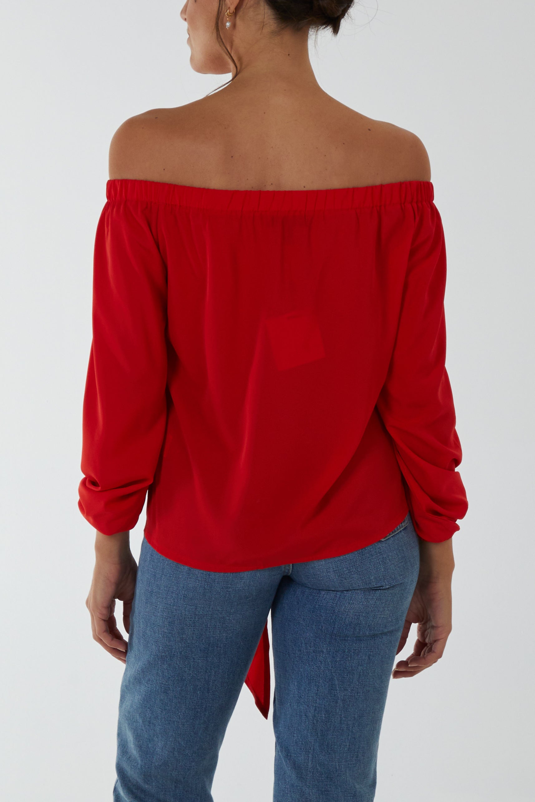 Off Shoulder Balloon Sleeve Knot Top