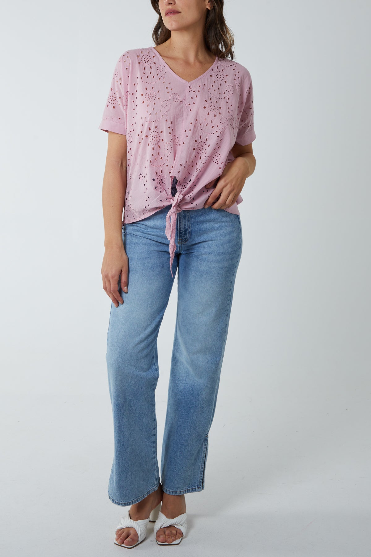 Broderie Batwing Knot Front Top