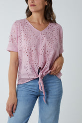 Broderie Batwing Knot Front Top