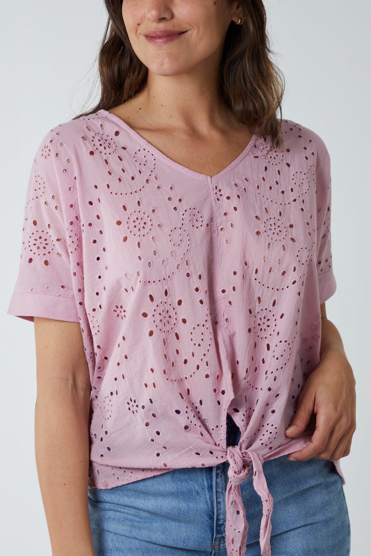 Broderie Batwing Knot Front Top