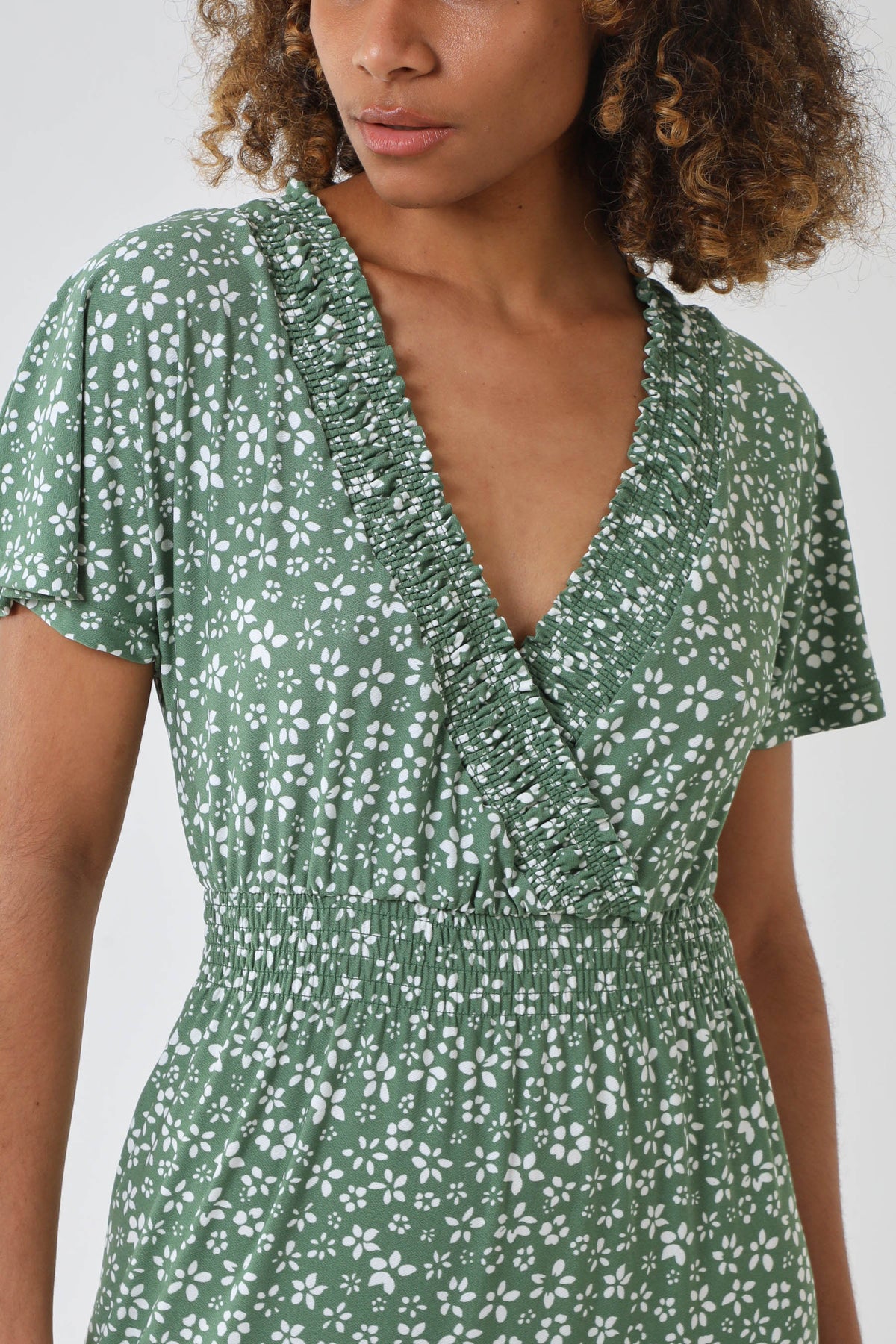Ditsy Floral Shirring Wrap Midi Dress