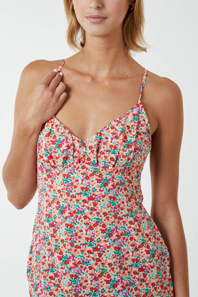 Strappy Floral Cami Dress with Covered Buttons