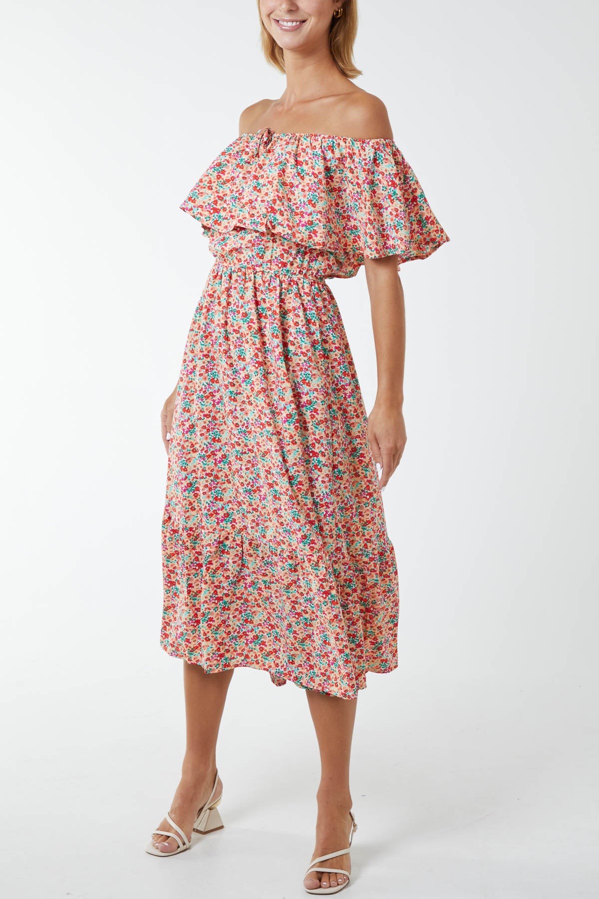 Bardot Ruffle Shoulder Midi Dress