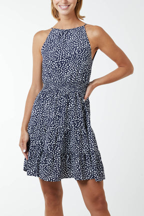 Halter Neck Abstract Spot Dress With Shirred Waist Band