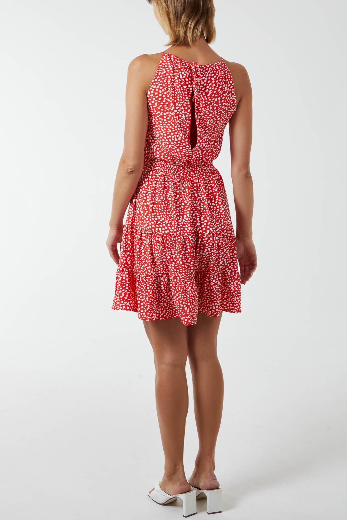Halter Neck Abstract Spot Dress With Shirred Waist Band