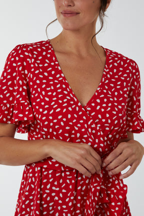 Abstract Polkadot Wrap Front Side Tie Mini Dress