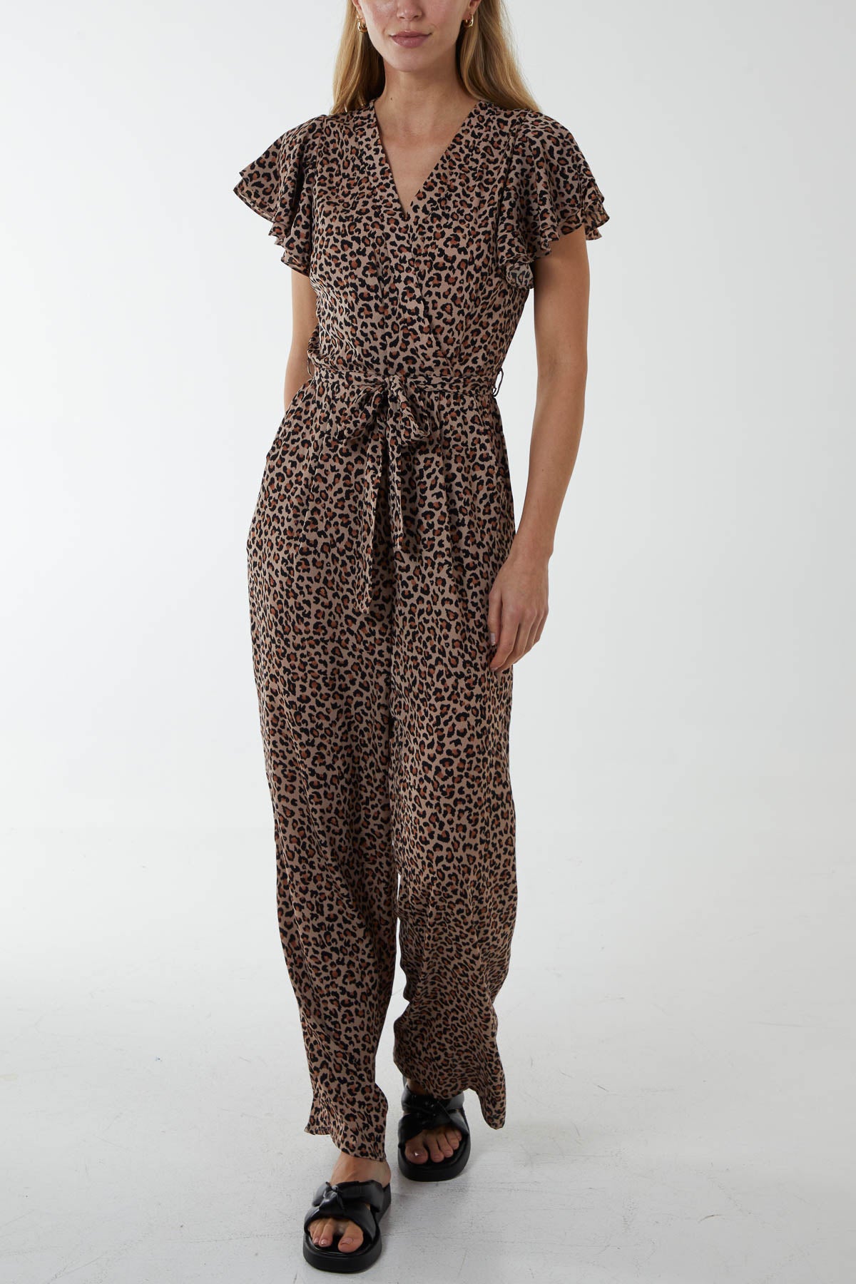 Angel Sleeve Wrap Leopard Print Jumpsuit