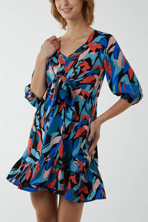 Tie Front Abstract Print Mini Dress