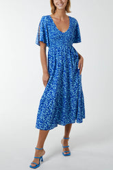 Angel Sleeve Shirred Bust Midi Dress
