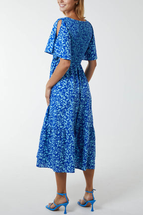 Angel Sleeve Shirred Bust Midi Dress