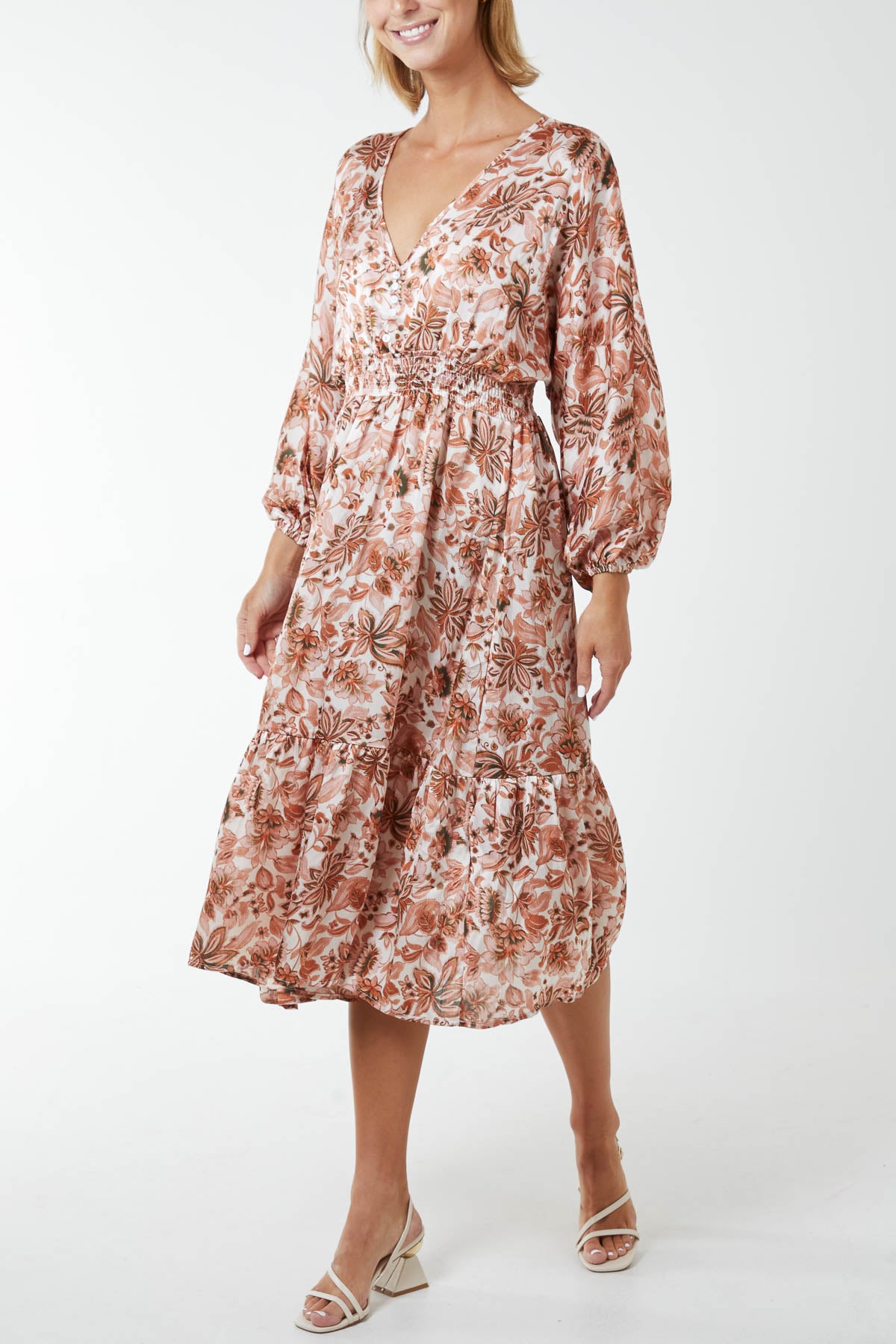 Floral Satin Feel Balloon Sleeve Midi Dress