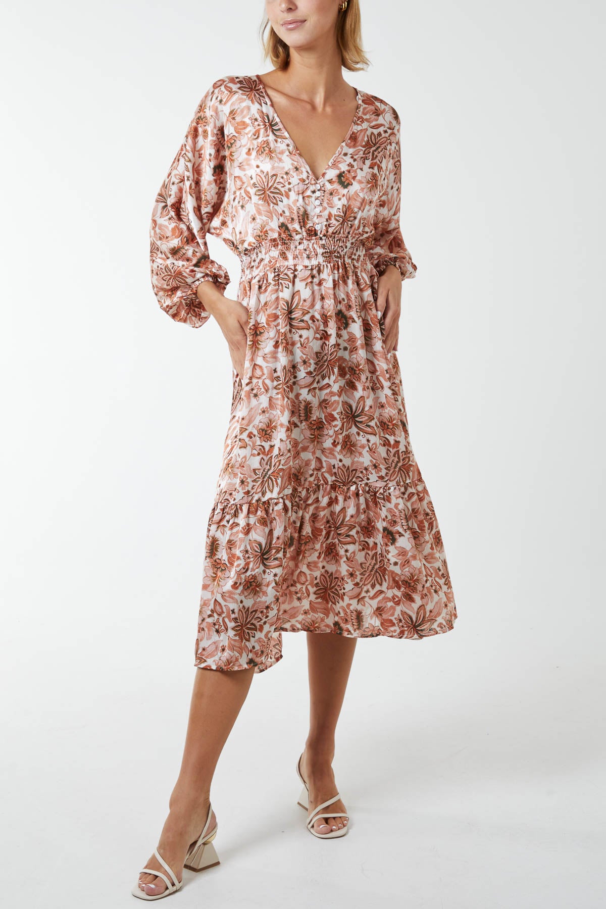 Floral Satin Feel Balloon Sleeve Midi Dress