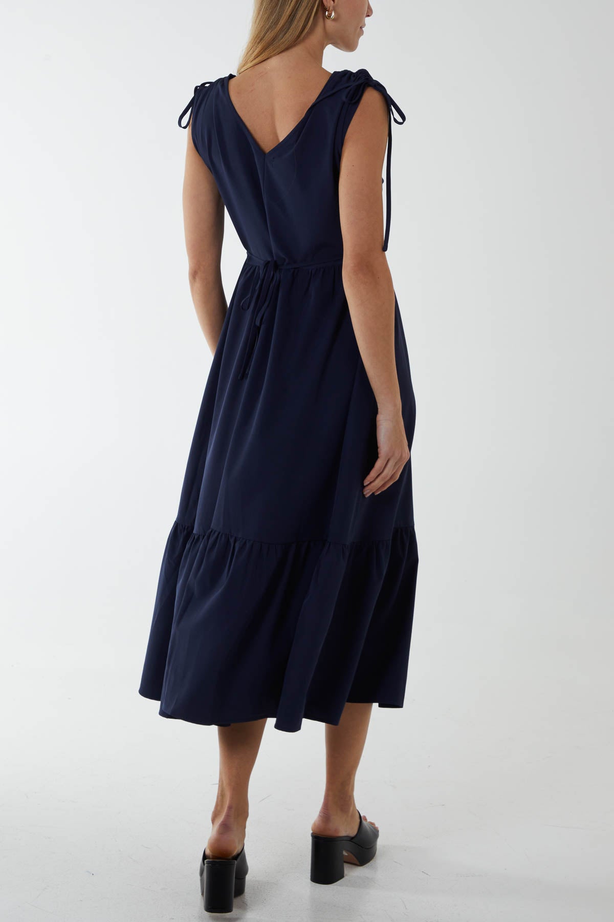 Ring Front Midi Dress with Channelled Shoulder Detail