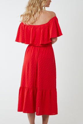Ruffle Bardot Spot Midi Dress