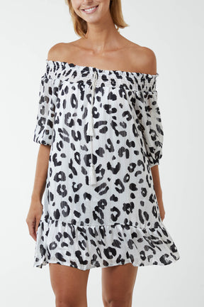 Shirred Bardot Animal Print Dress