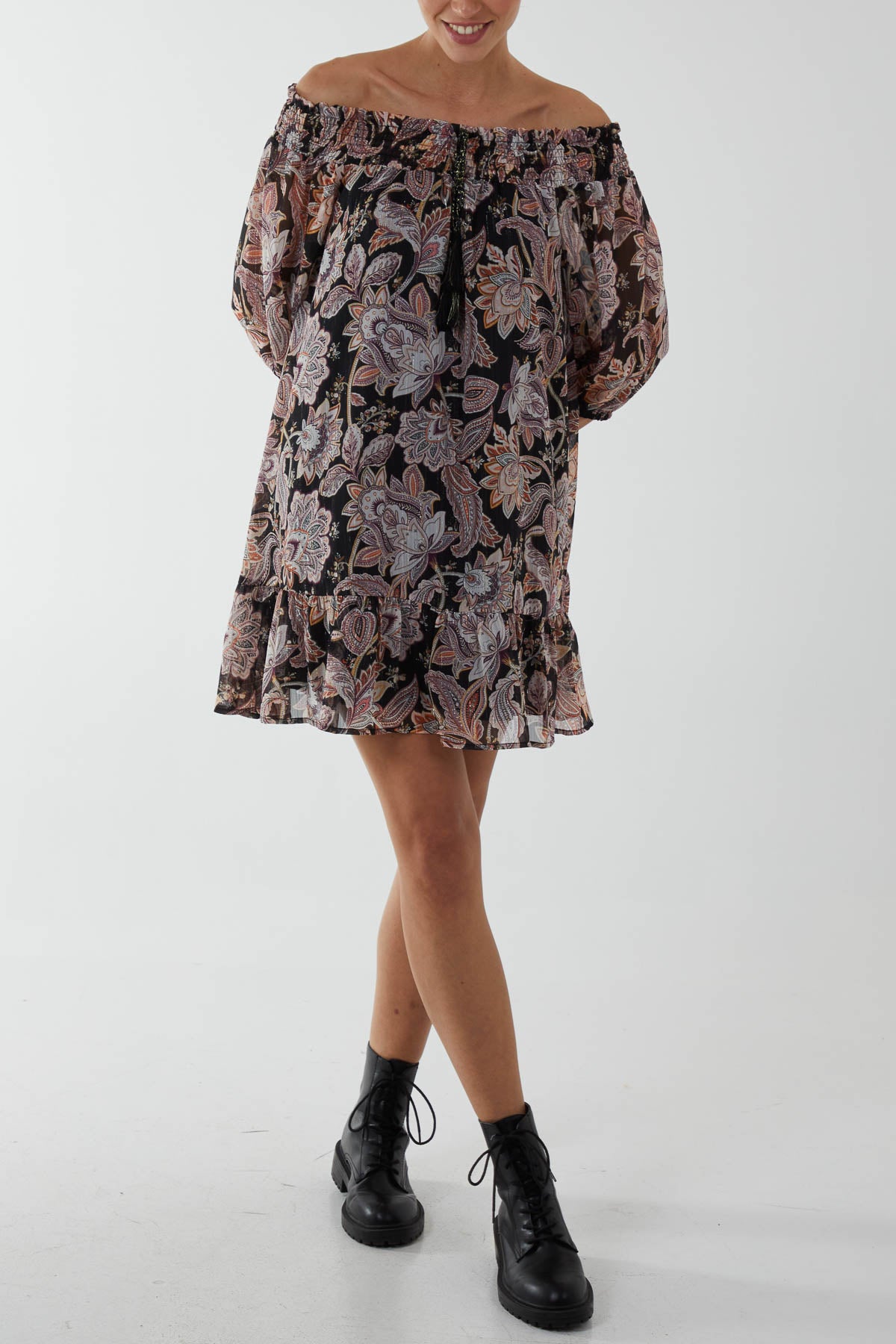 Shirred Bardot Neck Mini Dress