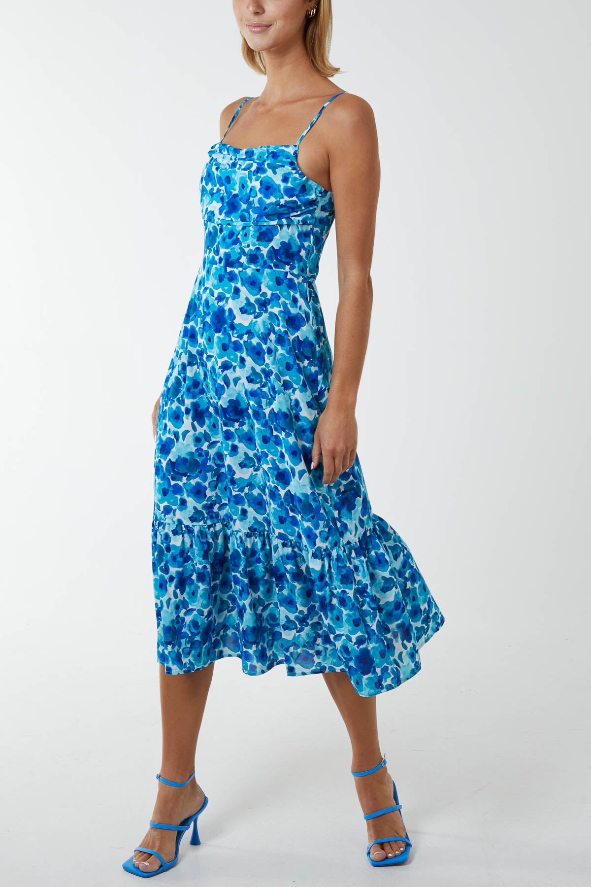 Draped Cowl Neck Floral Midi Dress