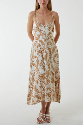 Lace Up Back Leaf Print Midi Dress