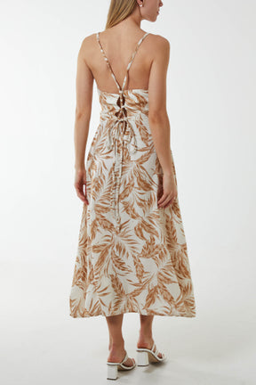 Lace Up Back Leaf Print Midi Dress