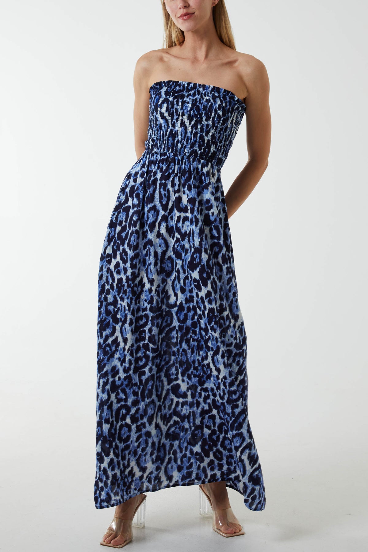 Shirred Bandeau Animal Maxi Dress