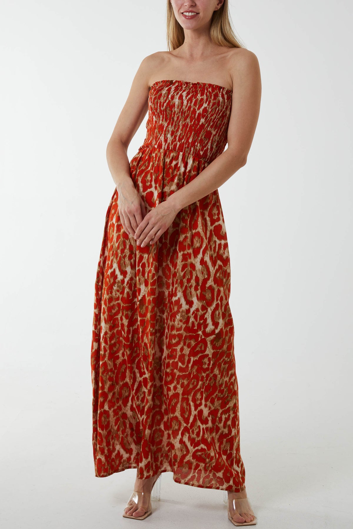 Shirred Bandeau Animal Maxi Dress